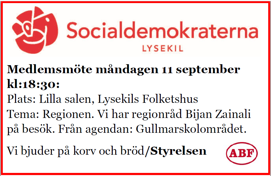 Medlemsmöte måndagen 11 september kl. 18:30 i Lilla salen, Lysekils Folkets hus