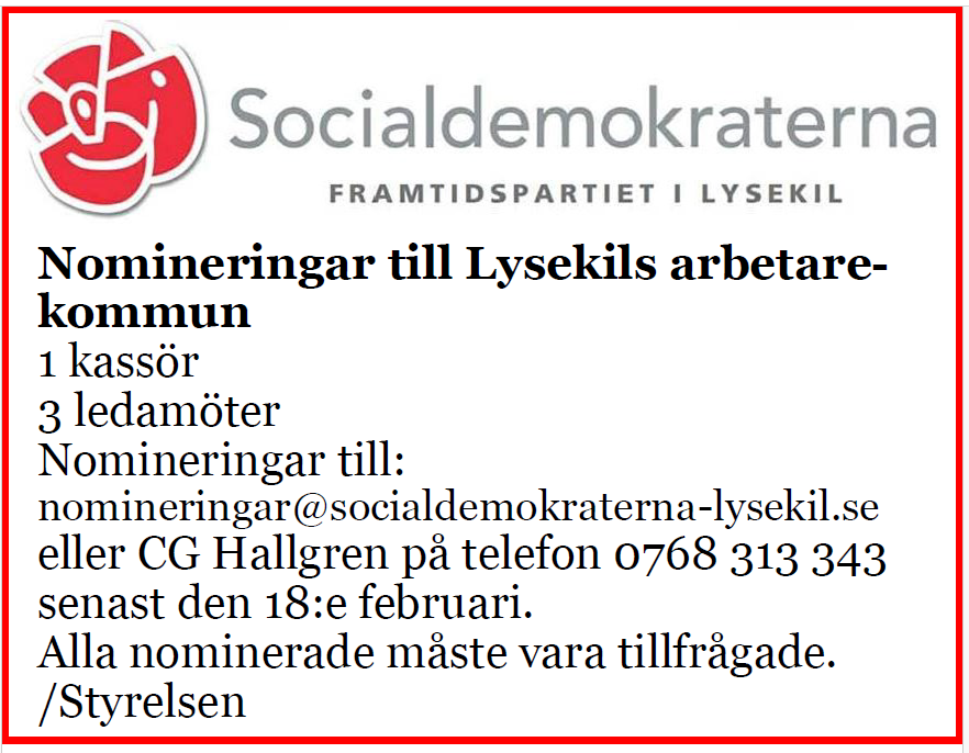 Nomineringar till Lysekils arbetarkommun skickas senast den 18:e februari