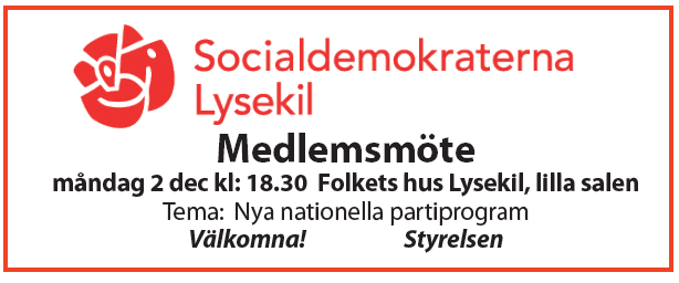 Medlemsmöte 2 december kl. 18:30 i Lysekils Folkets hus, lilla salen